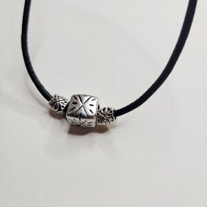 NWT Mens 18 Inch Silver Block Cube Necklace On A Black Authentic Leather Cord